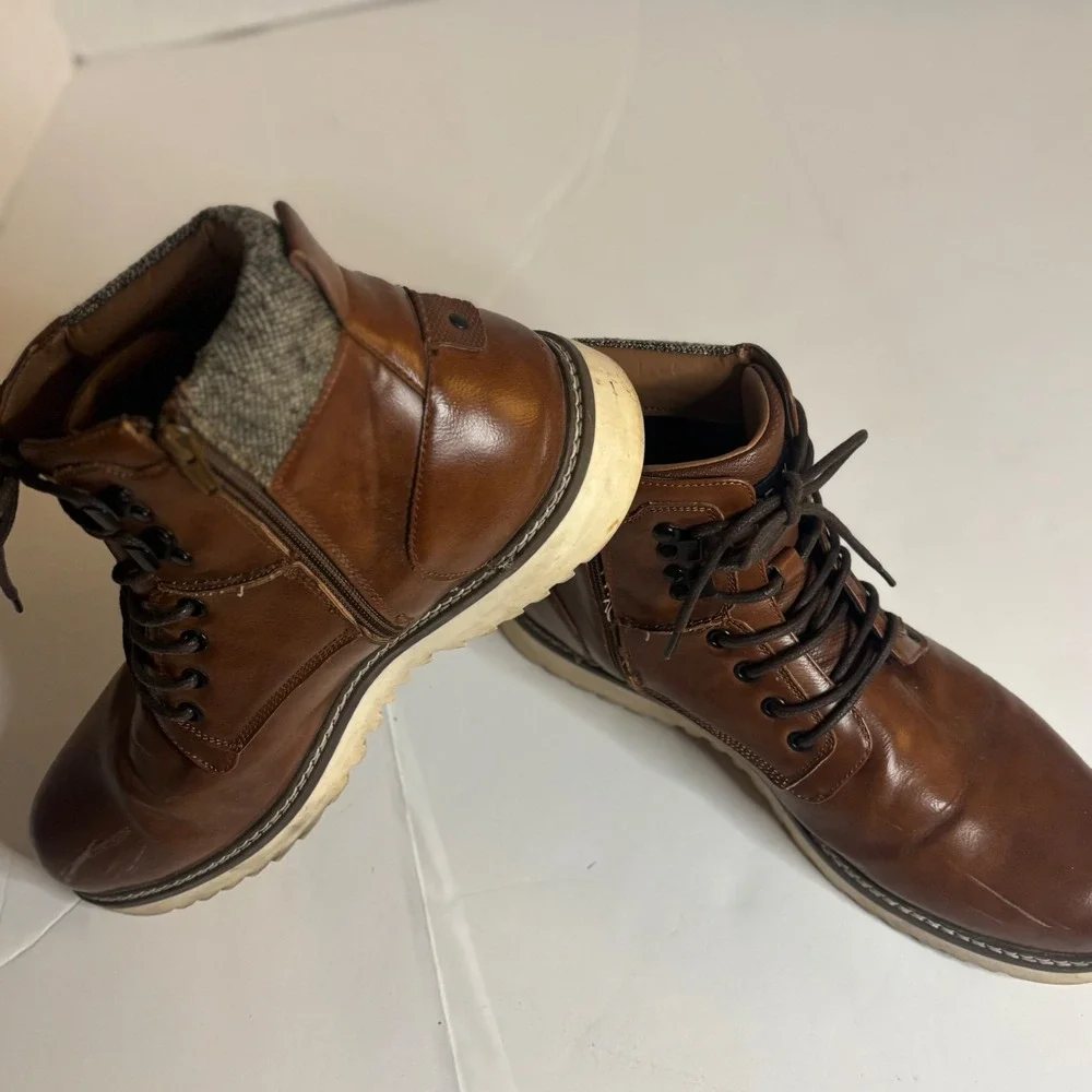 Steve Madden Mens Brown Faux Leather Side Zip Combat Boots Tweed Collar Size 13